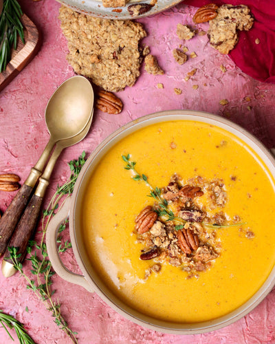Cheddar Pear Soup With Pecan Pie Granola Topping